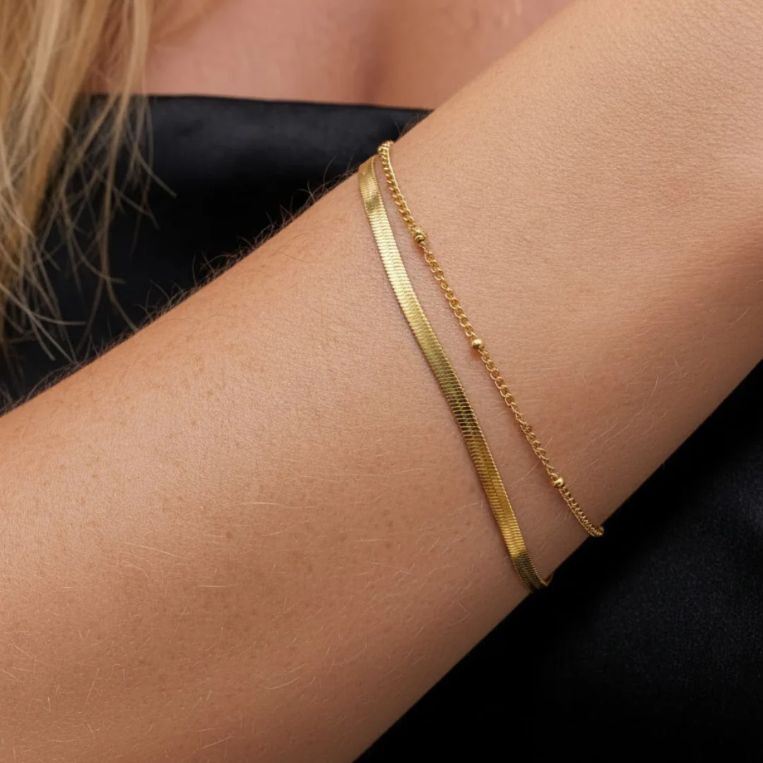 Dainty Herringbone & Bead Layered Bracelet