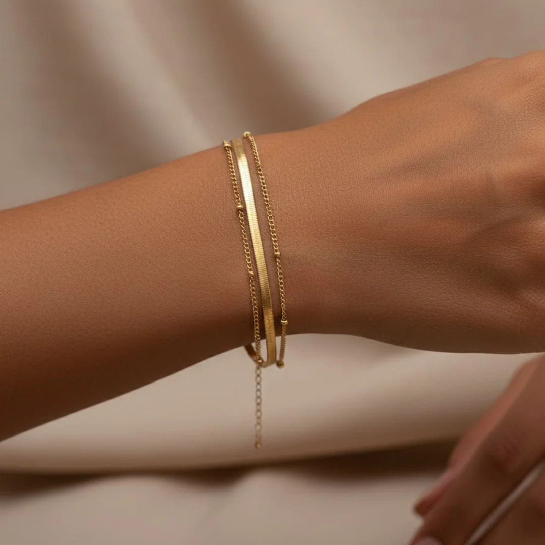 Dainty Herringbone & Bead Layered Bracelet - Image 4