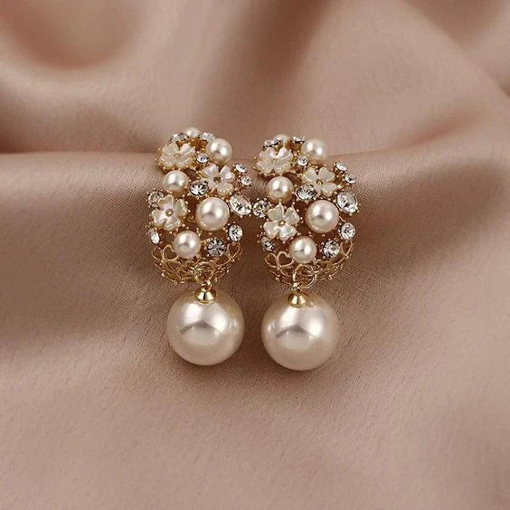 Elegant Flower Pearl Earrings | Gold 14k - Image 2