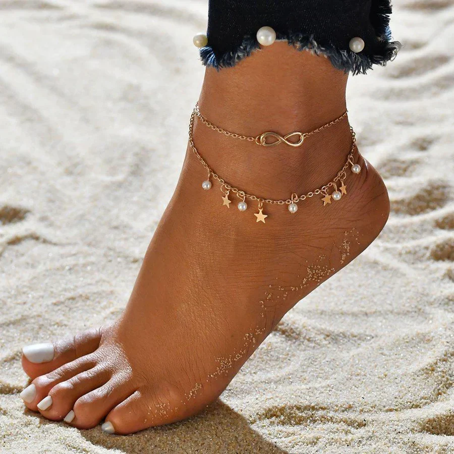 Infinity Anklet Bracelet + Pearls and Stars | White Gold 16k - Image 2