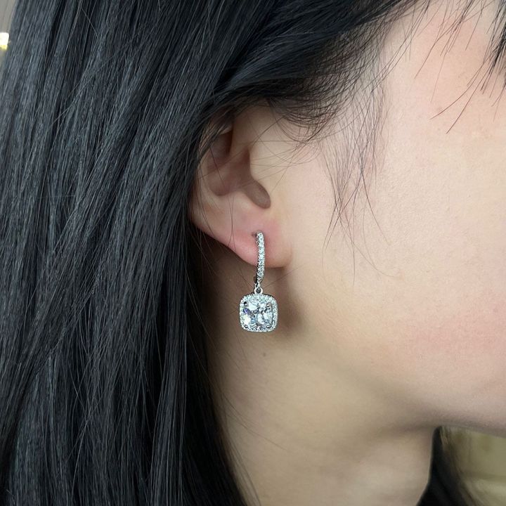 Square Halo Moissanite Drop Earrings | White Gold 16k - Image 2